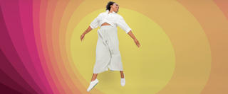 woman jumping on multicolor background